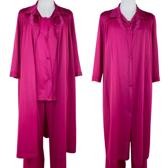 Vintage 80s Berry Pink Vanity Fair 3 Pc Pajamas & Robe Lounge Set Womens Size M - Picture 1 of 14